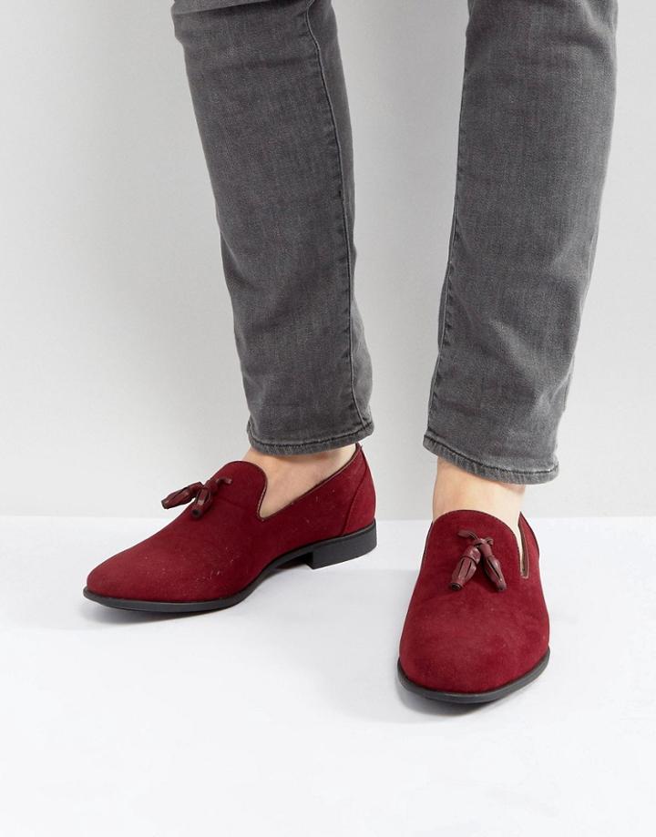 Asos Tassel Loafers In Burgundy Faux Suede - Red