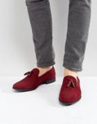 Asos Tassel Loafers In Burgundy Faux Suede - Red