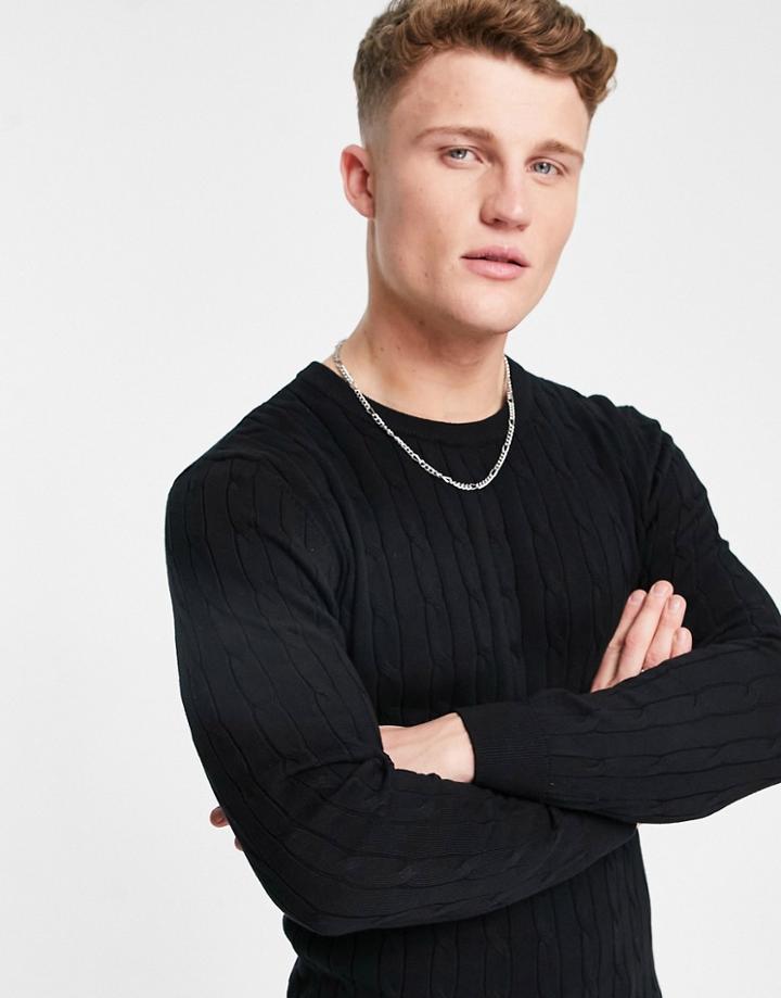 Gianni Feraud Premium Muscle Fit Crew Neck Cable Sweater In Black