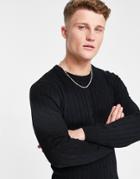 Gianni Feraud Premium Muscle Fit Crew Neck Cable Sweater In Black