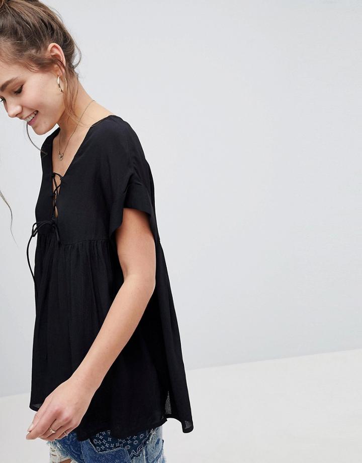 Asos Smock Tunic With Lace Up Detail - Black