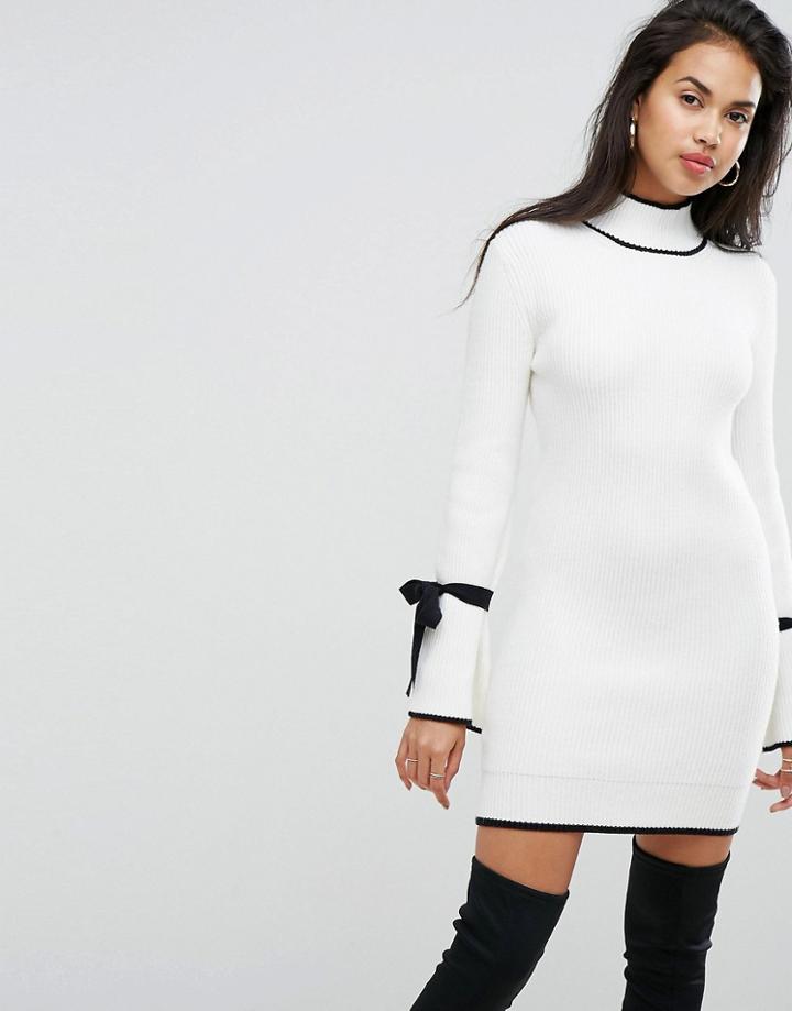 Morgan Knitted Swing Dress With Contrast Tie Detail In White