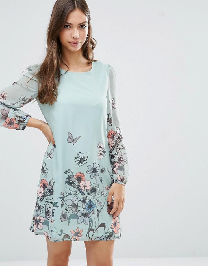 Yumi Long Sleeve Shift Dress In Butterfly Print - Green