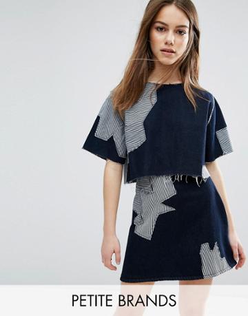 Waven Petite Contrast Patchwork Crop Top - Blue