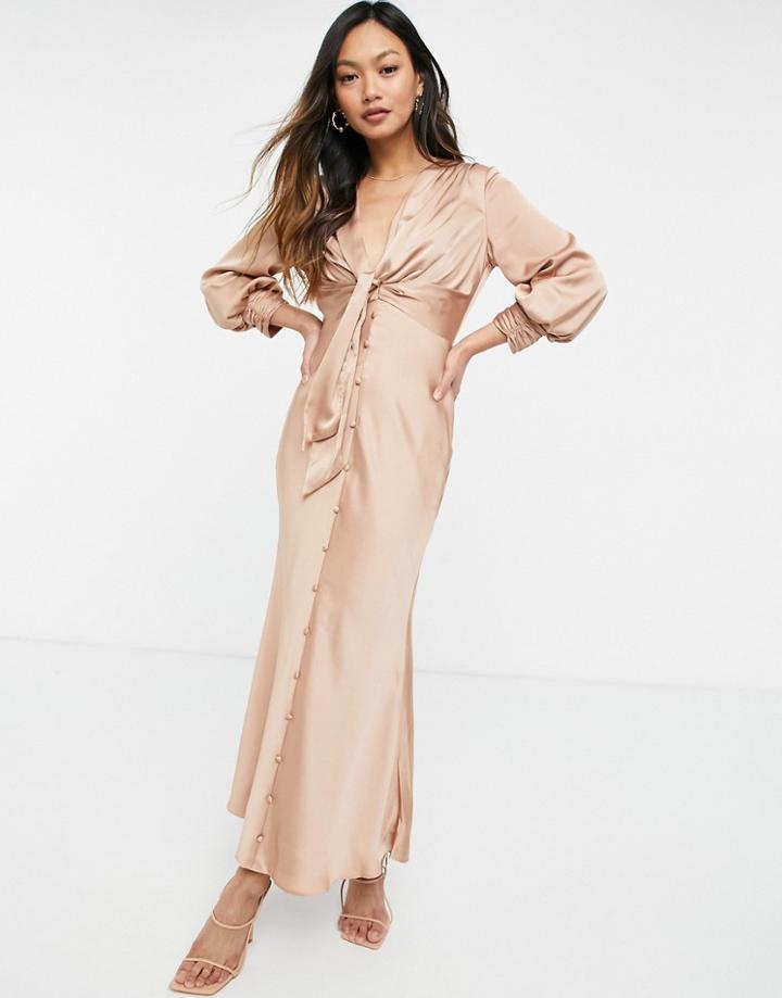 Asos Design Satin Tie Front Midi Dress With Button Detail In Bronze-multi