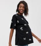 Asos Design Maternity T-shirt With All Over Ditsy Embroidery - Black