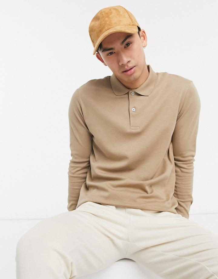 Selected Homme Jersey Long Sleeve Polo In Beige-neutral