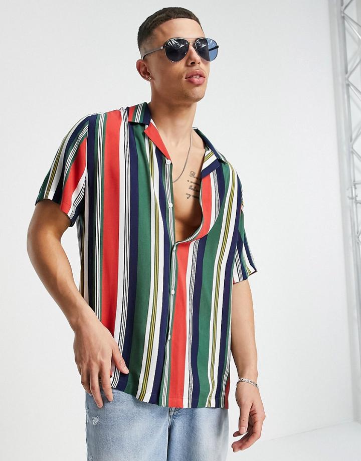 Asos Design Relaxed Revere Retro Stripe Shirt In Green