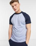Asos Design T-shirt With Contrast Raglan Sleeves In Light Blue And Navy