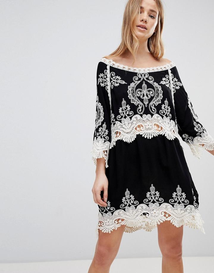 Liquorish Lace And Crochet Beach Dress - Black