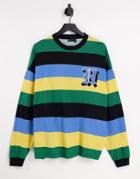 Asos Design Oversized Long-sleeve Stripe T-shirt In Color Block With Chest Embroidery-multi