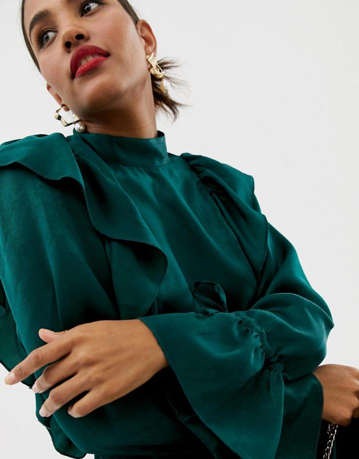 Asos Design Waisted Blouse With Ruffle Detail - Green