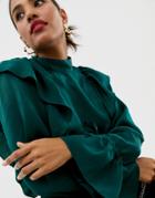 Asos Design Waisted Blouse With Ruffle Detail - Green