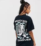 Crooked Tongues Oversized T-shirt With All Night Long Cat Print - Black