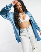Club L London Satin Oversized Shirt In Slate Blue-blues