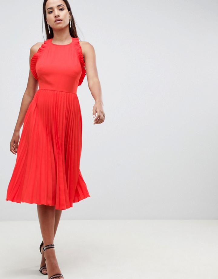 Asos Design Pleated Midi Dress With Ruffle Open Back-red