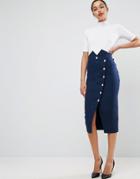 Asos Tailored High Waist Pencil Skirt With Military Button Detail - Navy