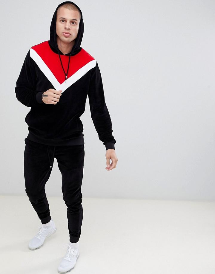 Asos Design Tracksuit Hoodie/ Skinny Joggers In Velour With Chevron Color Blocking In Black - Black