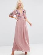 Asos Premium Wrap Maxi Dress With Embroidered Peacock And Flower Detail - Pink