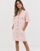 Asos Design Chuck On Utility Mini Shirt Dress With Contrast Stitch-pink