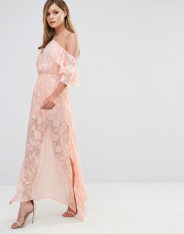 Dark Pink Cold Shoulder Frill Maxi Dress - Pink