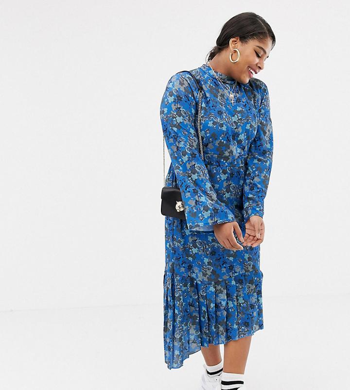 Lost Ink Plus Pleated Midi Dress With Tie Back Detail In Bluebell Floral Print