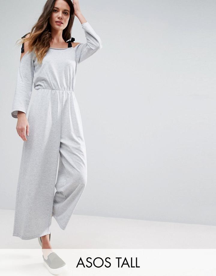 Asos Tall Jersey Jumpsuit With Grosgrain Tie Detail - Gray
