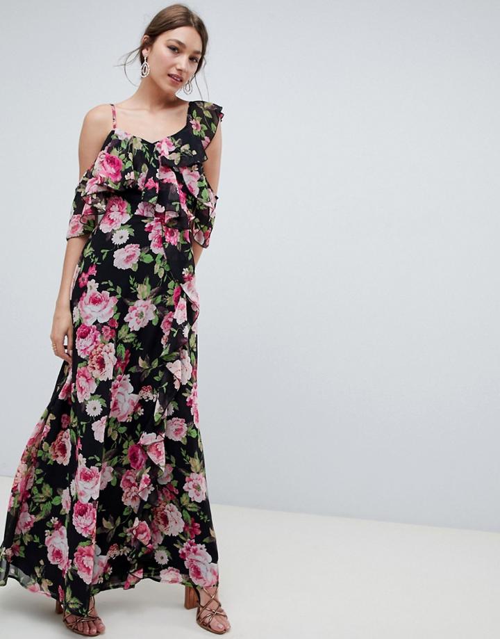 Asos Design Wrap Maxi Dress With Ruffles In Dark Floral Print - Multi