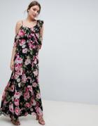Asos Design Wrap Maxi Dress With Ruffles In Dark Floral Print - Multi