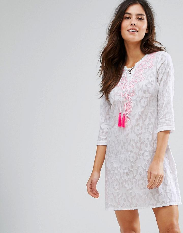 Anmol Neon Embroidered Beach Caftan - White