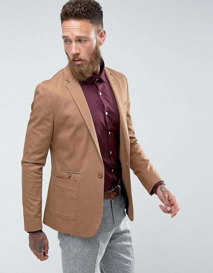Asos Super Skinny Blazer In Camel Cotton - Brown