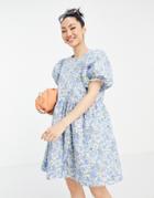 Vila Mini Smock Dress With Puff Sleeves In Blue Floral Print-multi