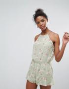Crescent Floral Print Halter Romper - Green