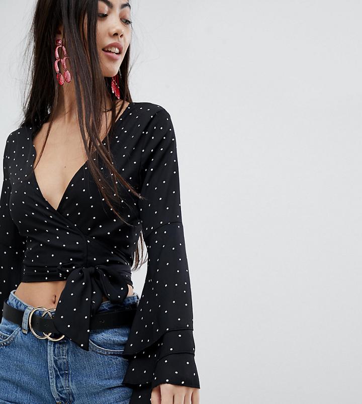 Missguided Petite Polka Dot Wrap Waist Frill Sleeve Top - Black