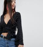 Missguided Petite Polka Dot Wrap Waist Frill Sleeve Top - Black