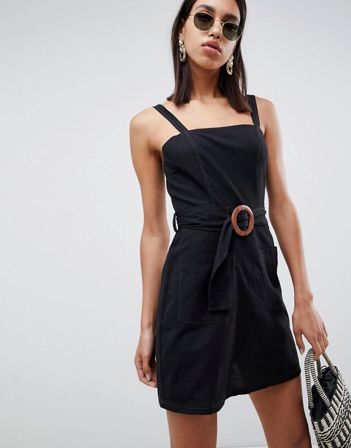 Asos Design Square Neck Linen Mini Sundress With Wooden Buckle & Contrast Stitch-black