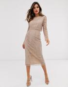 Asos Design Lace Long Sleeve Midi Pencil Dress - Beige