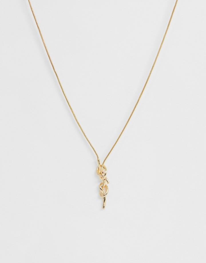 Asos Design Lariat Necklace With Knot Pull Through Detail In Gold Tone - Gold