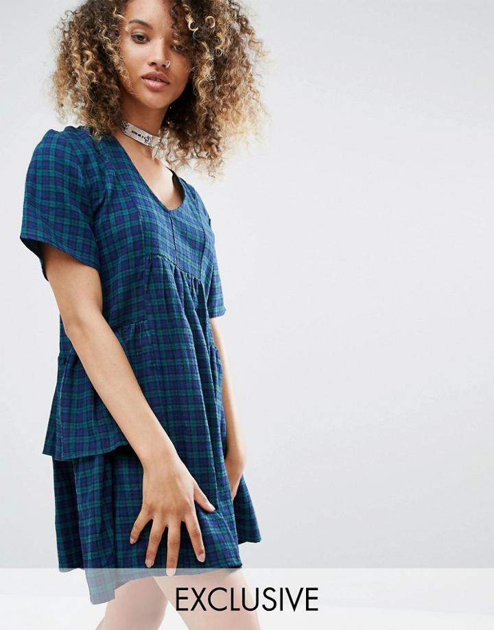 Milk It Vintage Tea Dress With Multi Frills In Plaid - Blue