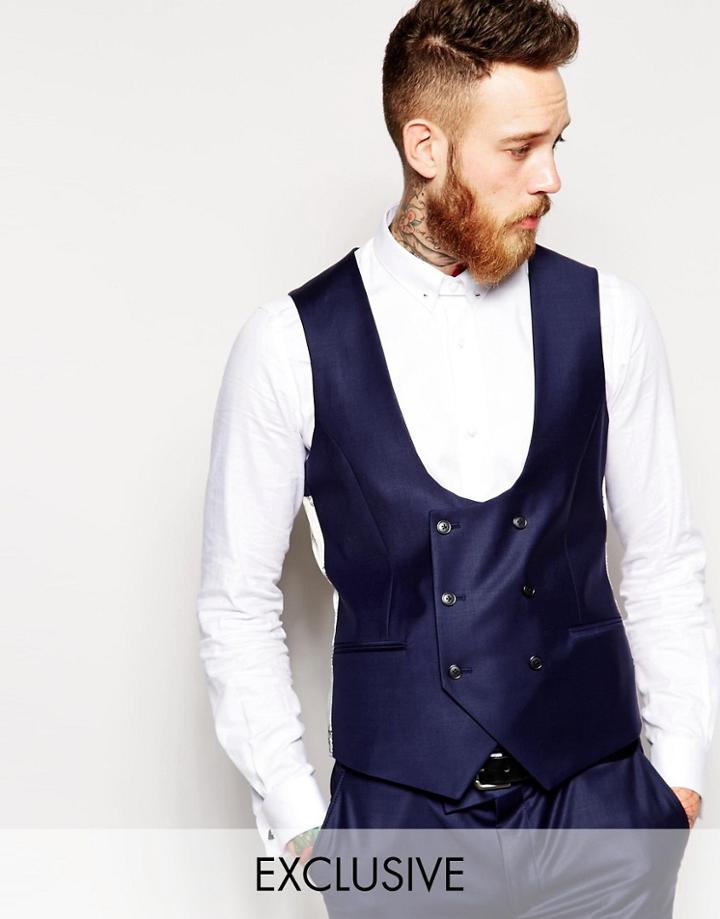 Noose & Monkey Double Breasted Vest With Stretch In Super Skinny Fit - Navy