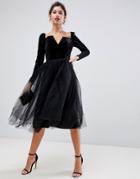 Asos Design Velvet Tulle Midi Dress - Black