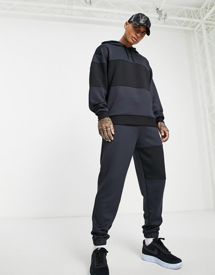 Asos Design Relaxed Sweatpants In Tonal Black Scuba Color Block - Part Of A Set