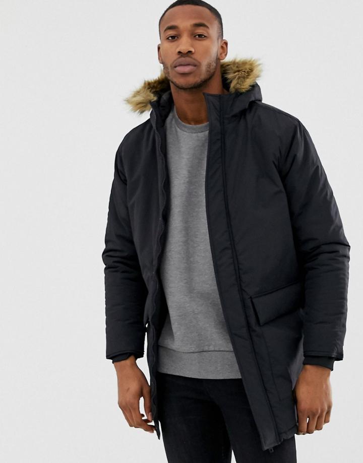 French Connection Faux Fur Hood Parka Jacket-black