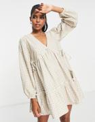 Influence Long Sleeve Smock Dress In Beige Gingham Print-neutral