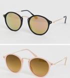 Asos Design 2 Pack Round Sunglasses With Skinny Metal Nose Bridge In Tortoise And Black - Multi