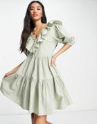 Miss Selfridge Frill Detail Smock Dress In Sage-green