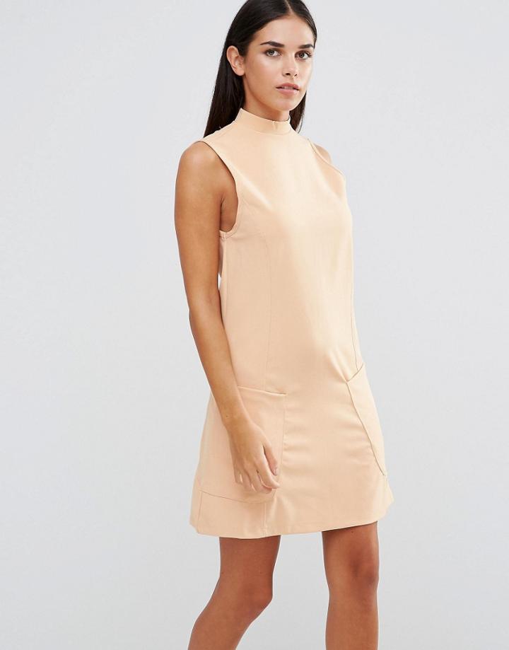 Ax Paris High Neck Shift Dress With Pockets - Pink