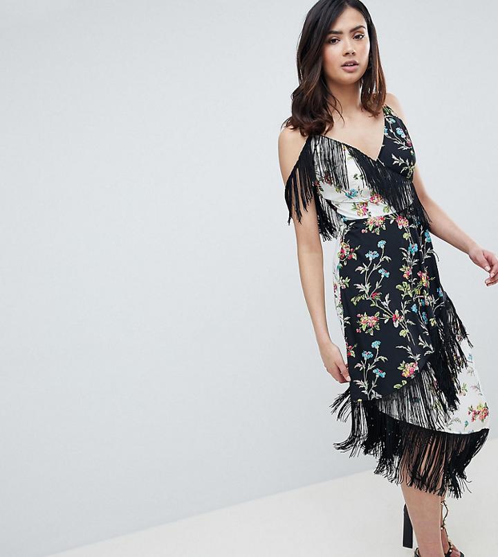 Asos Design Tall Fringe Cami Midi Dress In Mixed Floral Print - Multi