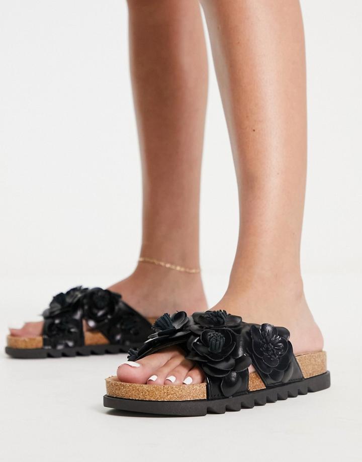Asos Design Figgy Cross Strap Floral Flat Sandals In Black