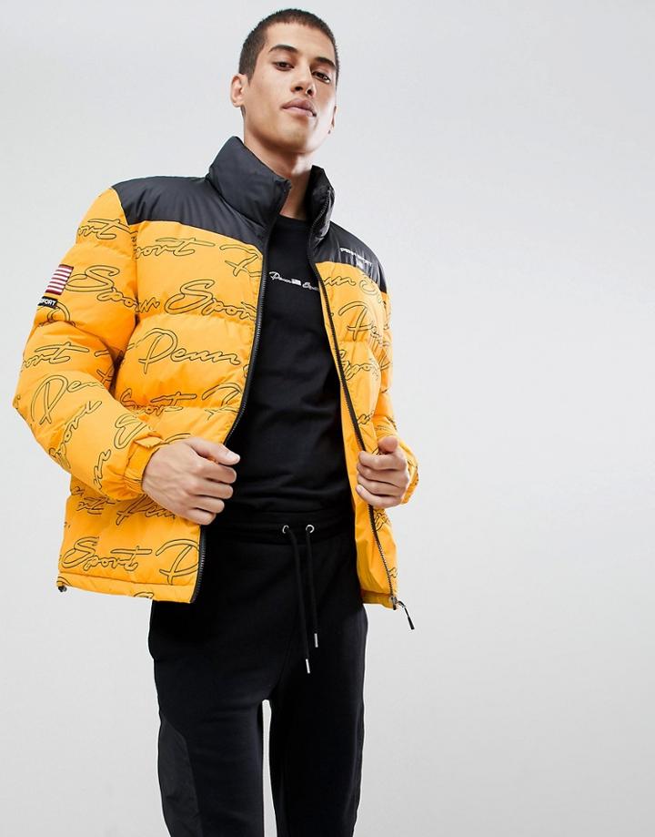Penn Sport Puffer Jacket In Yellow With All Over Logo Print - Yellow